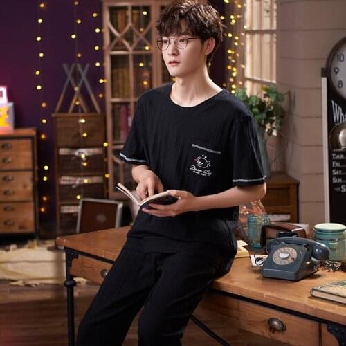 Spring Autumn Cotton Men Pajamas Set Casual O-Neck Short Sleeve Sleepwear For Men Black Cartoon Nightwear Plus Size 5XL Homewear