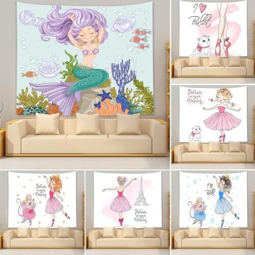 Lovely Girl Tapestry Beautiful The Mermaid Princess Wall Hanging Tapestry Pink Cartoon Girl Bedroom Background Wall Art Decor
