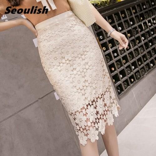 Seoulish Spring Summer 2021 New Elegant Womens Lace Crochet Sheath Pencil Skirts High Waist Female Wrap Sexy Office Midi Skirts