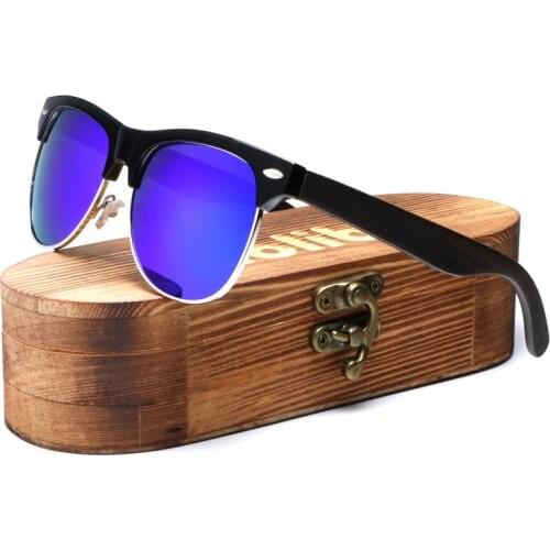 Ablibi Classic Rimless Mens Polarized Wood Sunglasses for Men & Women with 100% UV Blocking HD Lenses Blue Mirrored CR-39 Lens