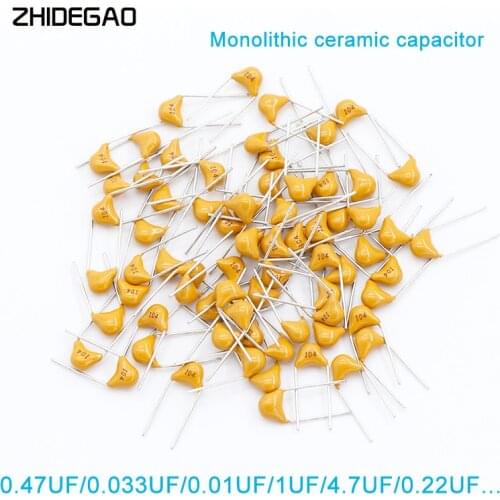 100pcs/lot Multilayer ceramic capacitor 50V (100~106) 10pF~10uF 102 103 104 105 22pF 1nF 10nF 100nF 0.01uF 0.1uF 1uF P=5.08mm