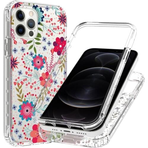 2 in 1 Luxury Clear Flower Case for iPhone 12 iPhone12 Pro 6.1 inches Hard PC Bumper + Soft TPU Full Protective Phone Back Cover