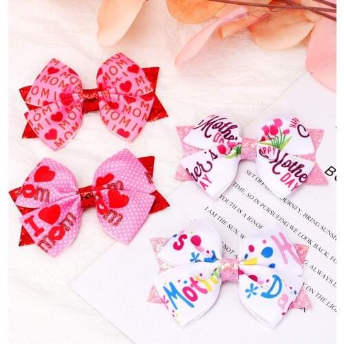 3.5 IN Mothers Day Girl Big Cheer Hair Bow Clips Handmade Glitter Stack Letter Print Hair Bows Hairpins Hair Accessories Gifts