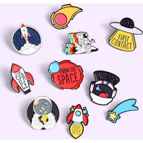 Cute cartoon enamel Astronaut Space Ship Rocket Space brooches jewelry for women badge pins