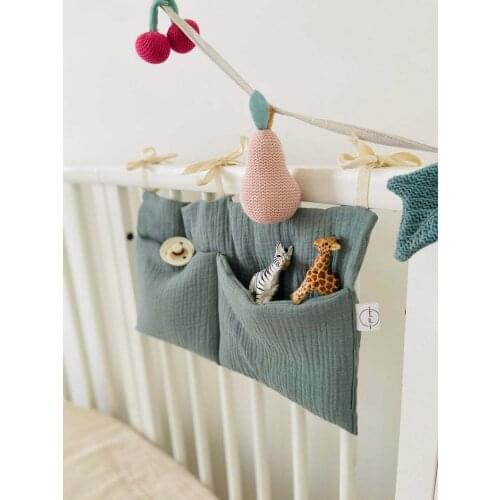 Elinfant 100% Cotton Baby Crib Storage Hanging Bag Trolley Bag Double Compartment Multi-function Storage Bag