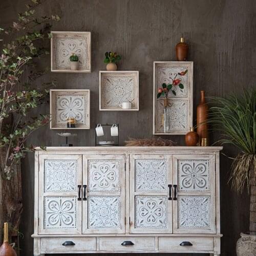 Classical Carved Plate Hollow Metal Wooden Carving Storage Rack Living Room Background Wall Hanging Decor Hotel Clubhouse Decor