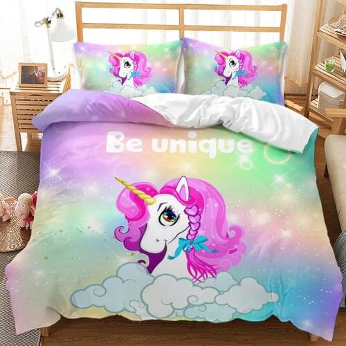 3D Pink Unicorn Kids Bedding Set Blue Starry Sky Pattern Quilt Cover Duvet Cover Set Pillowcase 3PCS Twin Full Queen King Sizes