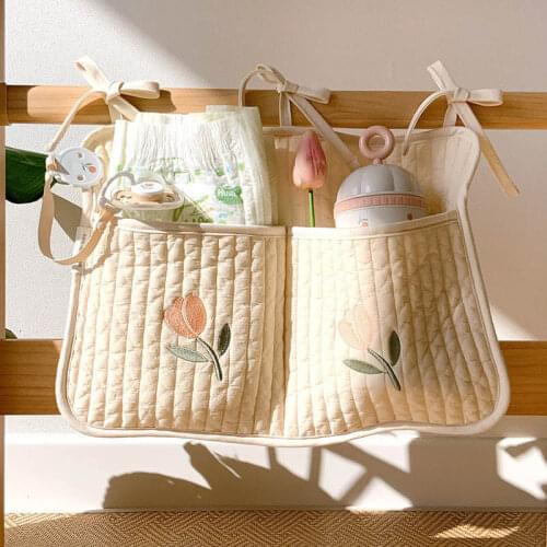 Korean Quilted Cotton Baby Bed Hanging Storage Bag Bear Tulip Olive Embroidery Cot Crib Organizer Pocket Baby Diaper Nappy Bags