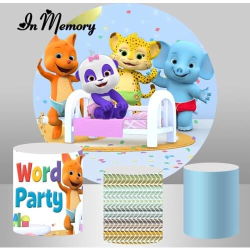 Round Circle Word Party Photography Backgrounds Cartoon Animals Tiger Elephant Kids Birthday Party Backdrop For Photo Studio