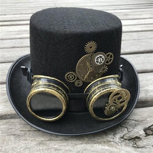 2019 New Fashion Men Women Handmade Steampunk Top Hat With Gear Glasses Stage Magic Hat Bowler Hat Size 57CM
