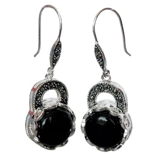 Fashion design New 925 Silver black Natural jade Marcasite Earrings nice gift