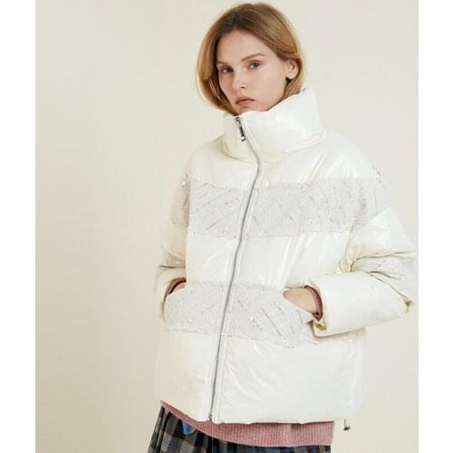 2021 Winter New Trend Women White Duck Down Coat Short Fashion Stand Collar Sequin Stitching Bread Puffer Jackets Female Outwear