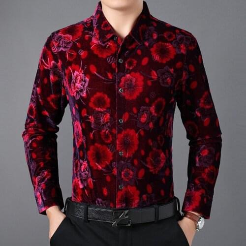 Flowers Printed Shirts Mens Long Sleeve Dress Shirts Business Velvet Dress Velour Plus Size Clothing Men Blue Shirts Social Club