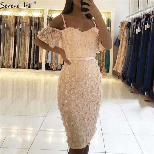 Peach Handmade Flowers Crystal Cocktail Dress Short Sleeves Mermaid Sexy Cocktail Party Gowns 2020 Serene Hill BLA60730