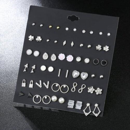 2020 Fashion Crystal Stud Earring Set New Arrival Simulated-pearl Small Piercing Earring Women Jewelry 30Pairs/set