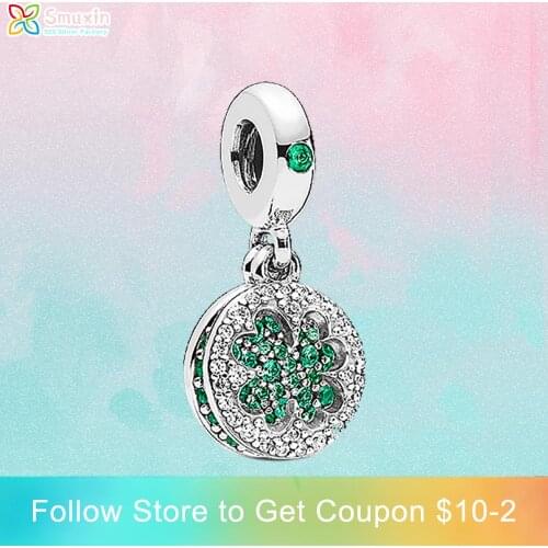 Smuxin 925 Sterling Silver Beads Dazzling Clover Dangle Charms fit Original Pandora Bracelets for Women Jewelry Making Girl Gift