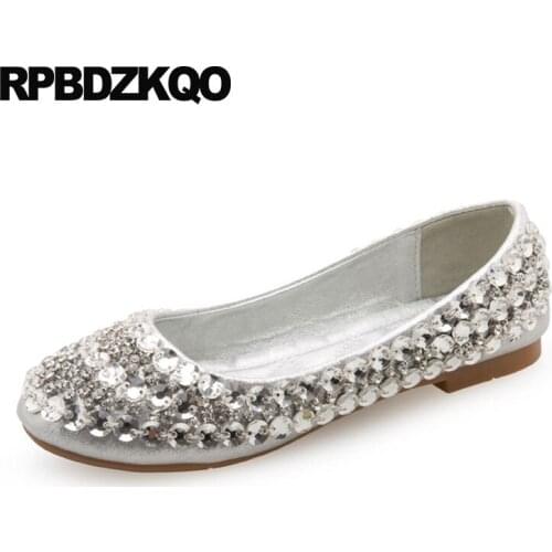 Wedding Ballet Shoes Silver Ballerina Flats Dress Metallic Rhinestone Crystal China Round Toe Bling Diamond Women Cinderella