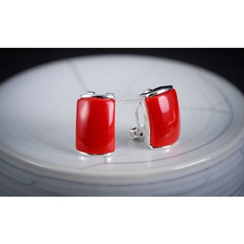 Vintage charm ladys 925 Silver Hook Red Coral Marcasite Square Earring Brincos Ohrringe Sterling Silver Jewelry Earring