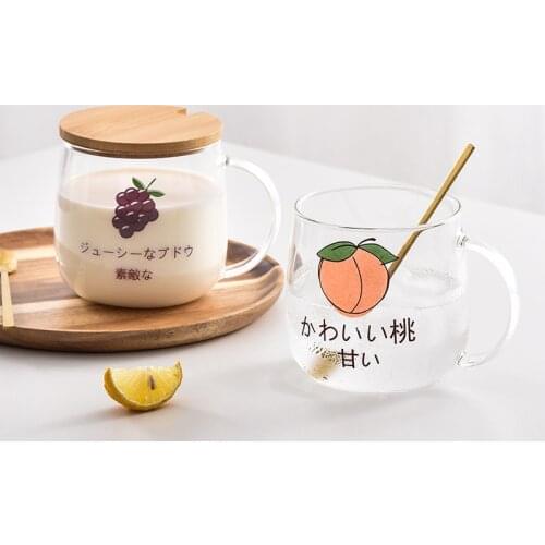 450ML Japanese Cute Breakfast Milk Mug Creative Cartoon Grape Peach Glass Cup with Lid Spoon Juice Mugs Student Cold Drink Cups