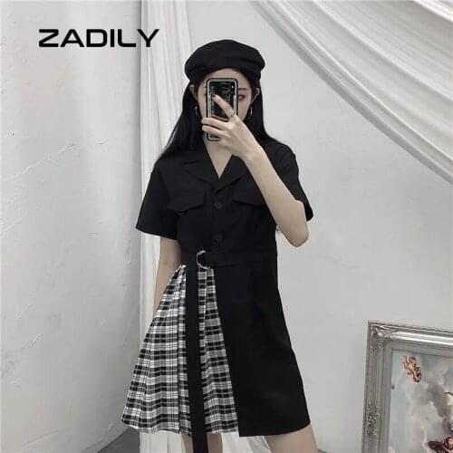 ZADILY Street Style Patchwork Women Mini Shirt Dress 2021 Summer Casual Sashes Short Sleeve Plaid Button Up Black Ladies Dresses