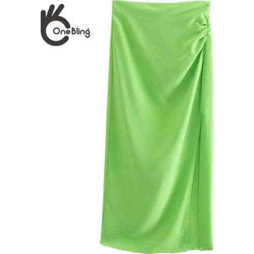 OneBling Za Woman 2021 Thin Traf Summer Fruit Green Penicl Skirts Zip-Back Ruched Split Casual High Waist Femme Midi Skirt