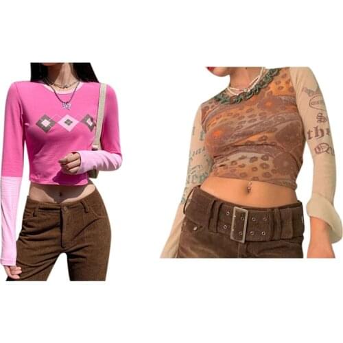 1 Pcs Pink Sweat Y2K Crop Top Women Long Sleeve T-Shirt S & 1 Pcs Mesh T-Shirts O-Neck Flare Sleeve Cropped Tees S