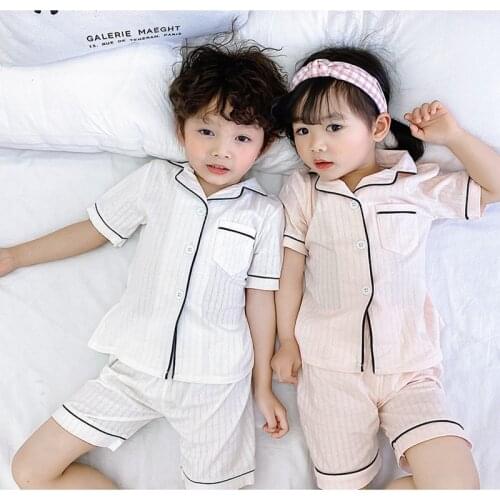 2021 Summer Kids Loungwear 100% Cotton Jacquard Weave Baby Boys Girls Pajamas Set Children Cozy Homewear Teens Solid Lounge Set