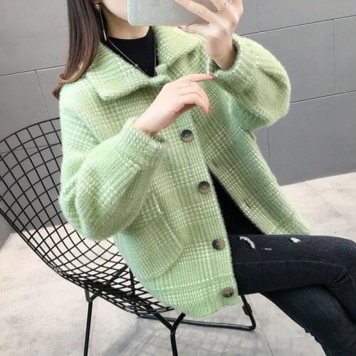 Women 2021 Spring Autumn Fashion Plaid Sweater Coats Female Thick Short Loose Outerwears Ladies Knitted Cardigan Jackets M311
