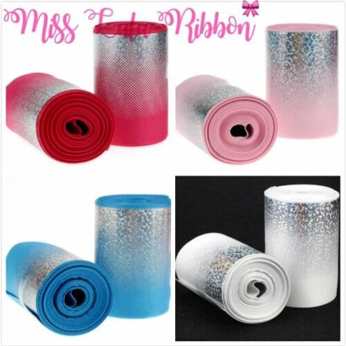 3"75mm Gradient Color Laser Silver Sequins Grosgrain Ribbon Floral Glitter Webbing DIY Wedding Gift Bowknots Wrap 5yards/roll