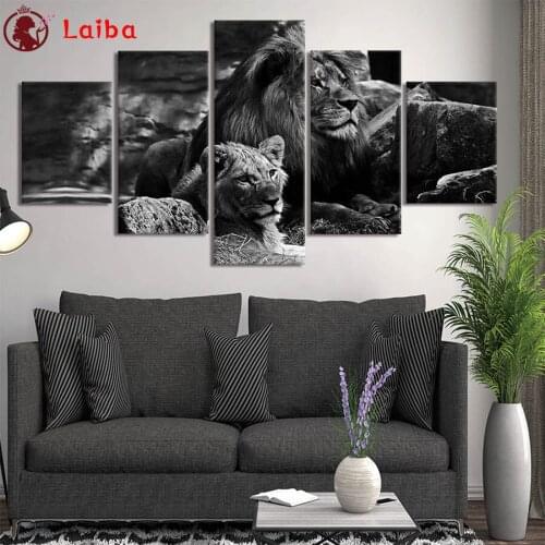 5D DIY diamond painting Black and white animal art, lion cross stitch full diamond Emeroidery mosaic painting home decor5pcs