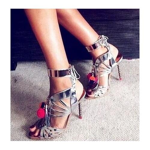 Fringed Woman High Heels Sandal Mixed Color Sexy Tassel Gladiator Sandals Lace-up Peep toe Summer Party Dress Shoes Size 12