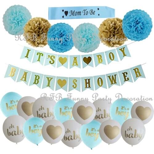 Baby Shower Decorations Pink Blue&Gold Party Banner Balloons Mom to be Sash Paper PomPoms Tassel Garland for Boy Girl Party