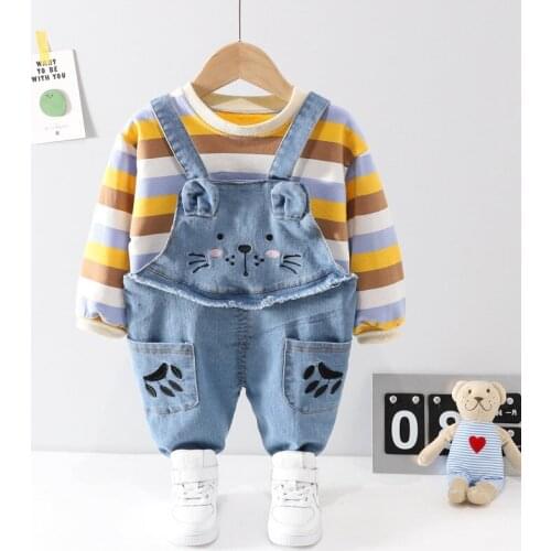 New Children Cotton Clothes Toddler Spring Autumn Baby Boy Girls T Shirt Cartoon Lion Denim Pants 2Pcs/sets Outfit Kid Tracksuit