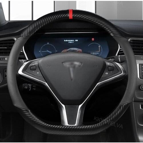 Leather+Carbon Fiber 38CM For Tesla Model 3 Model Y Model X Model S Car Steering Wheel Cover Interior Accessories