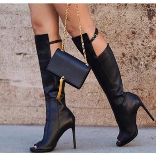 Fashion Black Leather Women Peep Toe Knee High Boots Zipper Back Knee Buckles Ladies High Heel Boots Knight Style Female Boots