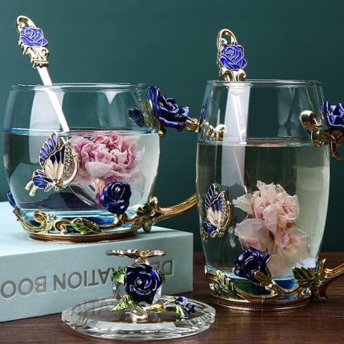 Flower Water Tea Cup Set Glass Cup with Spoon Lid Home Office Coffee Mug Cafe Milk Juice Drinkware Birthday Christmas Gifts