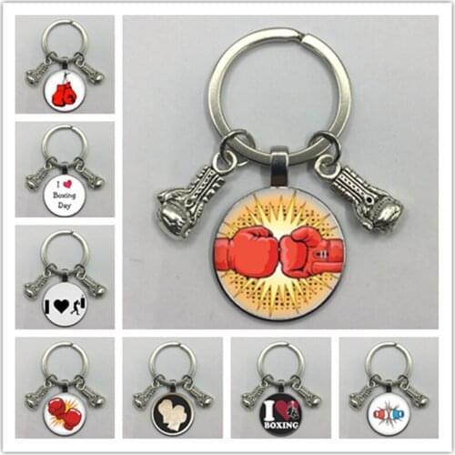 New Fashion Glass Cabochon Keychain Boxing Gloves Pendant Boxing Sports Key Chain DIY Men and Women Car Jewelry Keychain