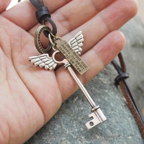 NEW 2016 wings key Necklace Leather Men Necklace Punk Retro 100% genuine cowhide choker Leather necklace men&boy hiphop