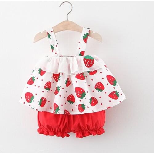 New Fashion Clothes Baby Girl Outfit 2 Pcs Sets Strawberry Embroidery Print Strap Dress+shorts Pants Cute Princess Dress 0-24M
