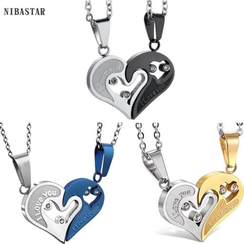 NIBASTAR Heart Puzzle Necklace For Couple Fashion Stainless Steel Unisex Lovers Pendant Valentine Jewelry Gift 1 Pair