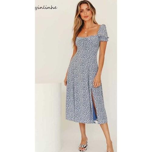 Yinlinhe High Waist Long Dress Women Square Collar Summer Dress sShort Sleeve 2020 Vintage Floral Split Beach Dress Holiday 1450