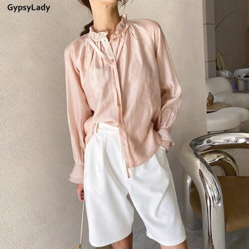 GypsyLady Casual Chic White Fairy Blouse Shirt Tencel Spring Long Lantern Sleeve Sheer Sexy Blouse Women Chic Ladies Top Shirt