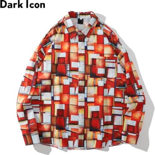 Dark Icon Plaid Long Sleeved Shirts for Men Autumn Hawaiian Shirts Man Blouse