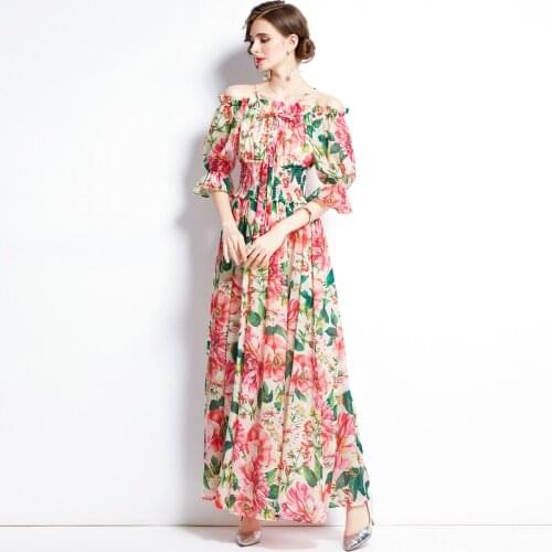 Chiffon Big Swing Long Dresses New High Waist Fresh Floral Print Beautiful Woman Dress Ankle-Length Puff Sleeve Slash Neck Dress