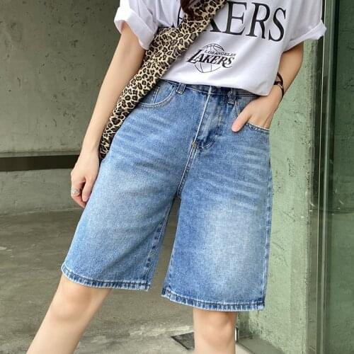 Ailegogo New Spring Summer Women Wide Leg Retro Blue Denim Shorts Streetwear Female Loose Straight Vintage Jeans Shorts