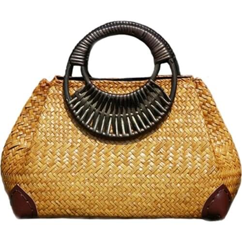 FGGS-Women Straw Bags Female Bamboo Summer Beach Weave Handbag Lady Handmade Vintage Wood Handle Bag Travel Knitted Totes Bags