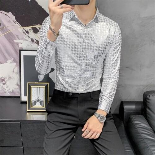 High Quality Long Sleeve Mens Shirt Full Casual Office Mens Shirt Gold/Silver 3XL-M