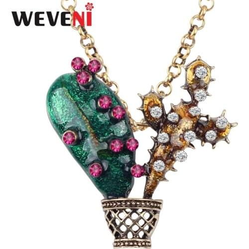 WEVENI Enamel Alloy Rhinestone Novelty Cacti Cereus Necklace Pendant Chain Choker Plant Jewelry For Women Girls Ladies Teen Gift