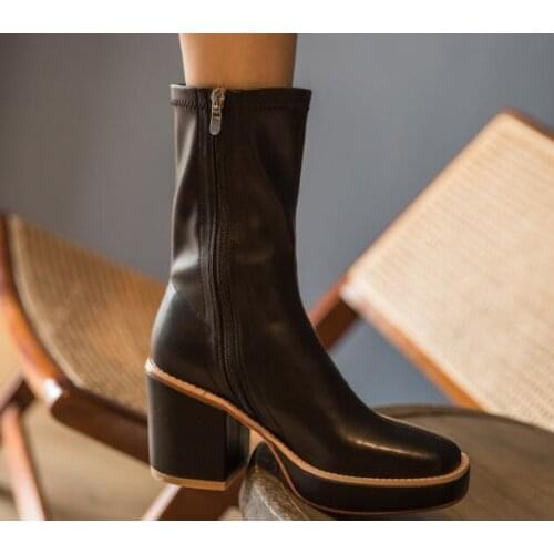New Spring Black White Cow Leather Chunky Heels Short Boots Woman Square Toe Zipper Platform Mid Heels Booties Lady Drop Ship