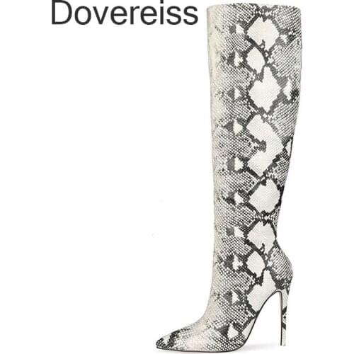 Dovereiss Fashion Womens Shoes Winter New Pointed Toe Sexy Slip On Stilettos Heels Snakeskin Knee High Boots 44 45 46 47